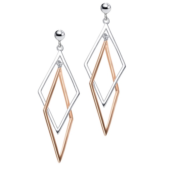 🆕Two-Tone Gold and Silver Geometric Drop Earrings White and 18K Rose Gold Plated - Picture 2 of 5